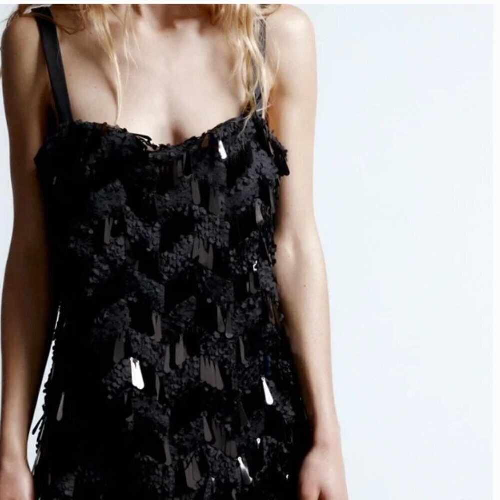 Zara Black Sequin Mini Dress with Straps - SIZE Medium NEW WITH TAG! - Picture 7 of 12
